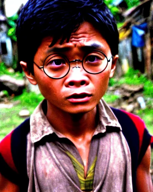 Image similar to high quality photo of harry potter as a poor filipino boy in the philippine slums, detailed photo