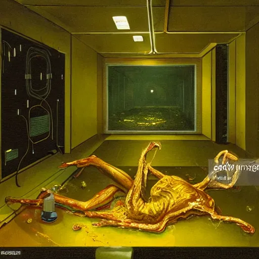 Image similar to dark green hi-tech sci-fi lab at night, realistic gustave coubert painting a hideous and sick human exposed guts crawling in two legs and dripping golden metalic fluid from intestine into a pool of golden liquid on the floor. Smokey atmosphere