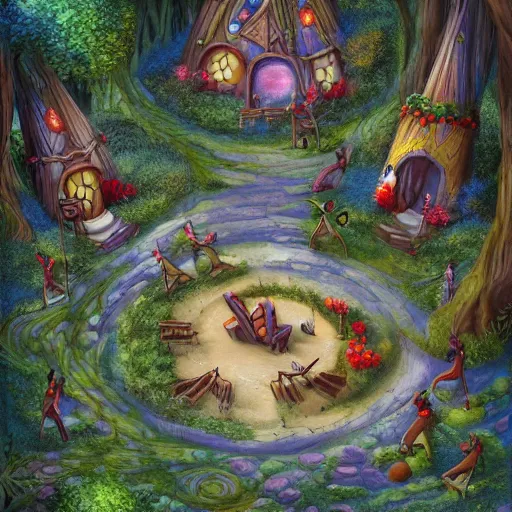 Image similar to highly detailed commune of !!!!!hedonist!!!!! (((((elves))))). the (((((elves))))) are carefree and playful. digitally painted forest scene. The (((((elves))))) each have the face of famous musician !!!!!Ed Sheeran!!!!!. pixiv, artbreeder. high quality art
