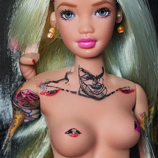 Image similar to photorealistic barbie with tattoos and torn clothes. painting by stanley lau and mc escher masterpiece