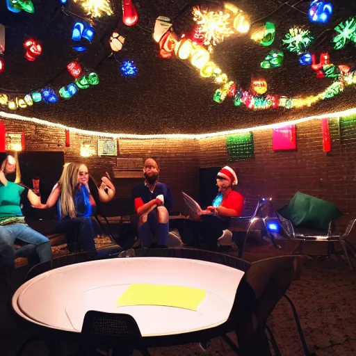 Image similar to web conference meeting with accenture and solo cups and beer pong and christmas lights