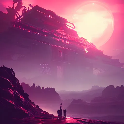 Image similar to beautiful landscape, nier automata, protoss temple!!!, machine planet, pink sun, advanced technology, cinematic lighting, highly detailed, masterpiece, art by bastien grivet