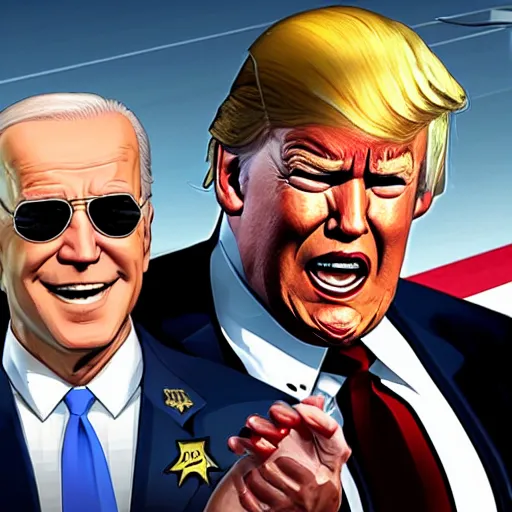 Prompt: joe biden wearing aviators and a sheriff outfit while laughing and arresting trump in gta v, cover art by stephen bliss, boxart, loadscreen