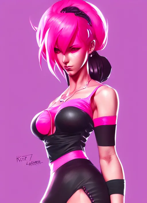 Image similar to lilith, wide angle view, neon pink and black color scheme, highly detailed, artgerm, cushart krenz, king of fighters style, trending on artstation, soft light, sharp edges, illustration, character design, concept art