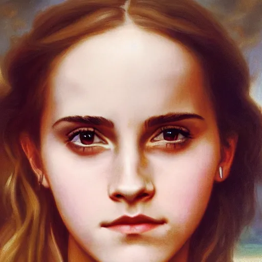 Image similar to Painting of Emma Watson as Hermione Granger. Extreme close up. Art by william adolphe bouguereau. During golden hour. Extremely detailed. Beautiful. 4K. Award winning.