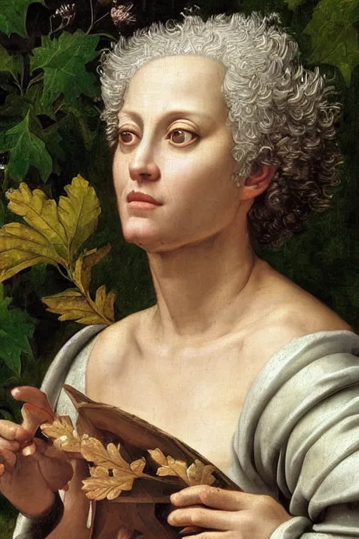 Image similar to renaissance painting of elder in the garden, closeup, short silver hair, a wise face, emotions closeup, dressed in roman armour, the beautiful garden with oak leaves everywhere, ultra detailed, art by Guido Reni style, Vincenzo Catena style