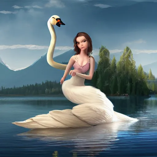 Image similar to a princess riding a giant swan in the lake, trending on artstation