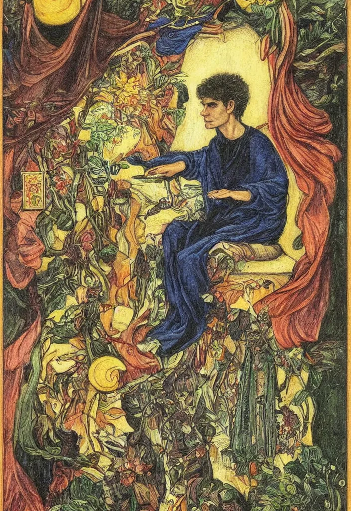 Image similar to Yoshua Bengio on the Tarot card. Illustration by preraphaelists