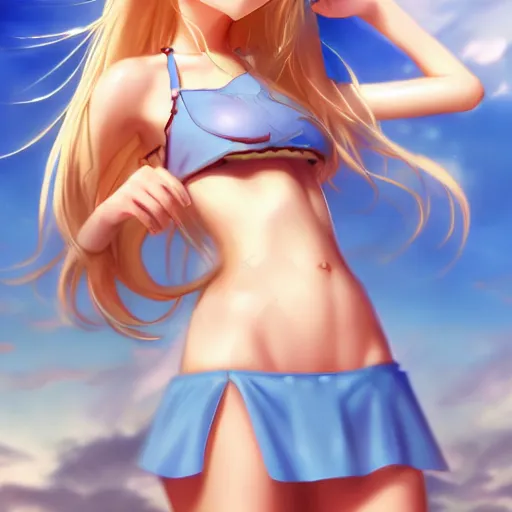 Prompt: a very beautiful young anime summer girl, full body, long wavy blond hair, sky blue eyes, full round face, evil grin, bikini, miniskirt, front view, mid - shot, highly detailed, cinematic wallpaper by stanley artgerm lau