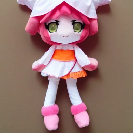 Image similar to cute fumo plush of a girl in a nurse costume, pink and orange, anime girl