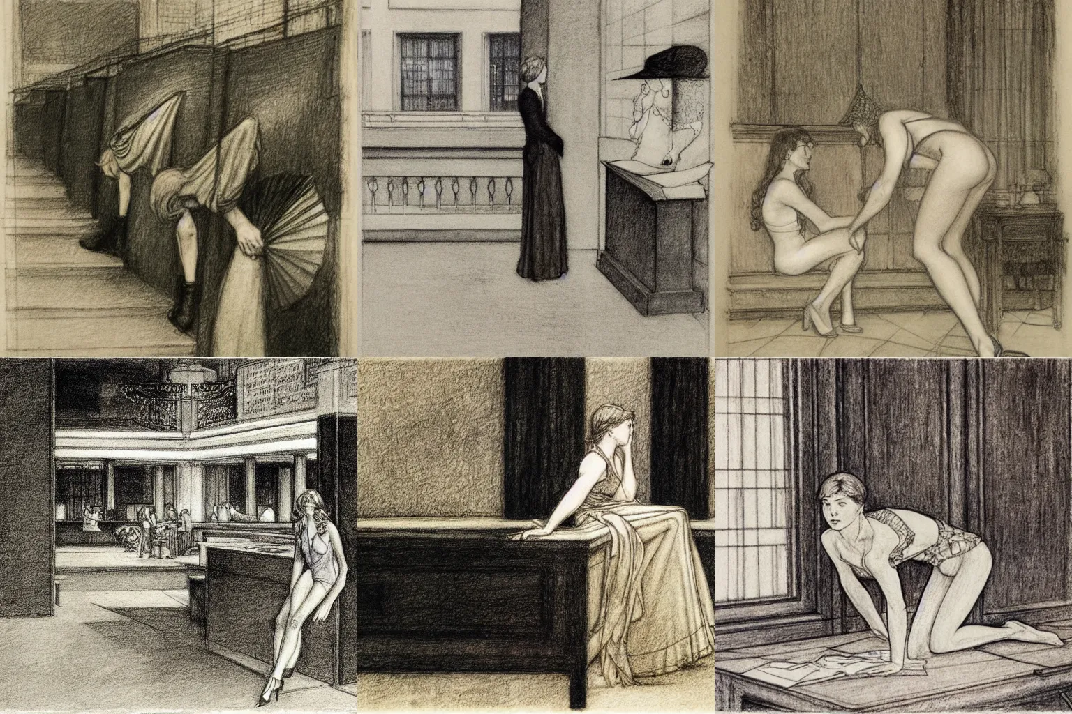 Prompt: law and lawlessness. pencil drawing by edward hopper, arthur rackham and milo manara