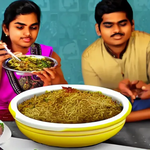 Image similar to A college student is eating chicken biryani in an Andhra mess, highly detailed, 4k