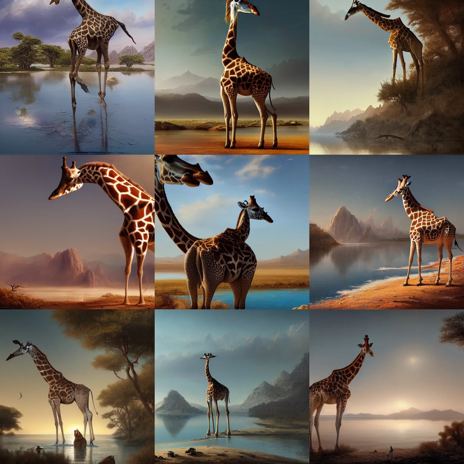 Prompt: a majestic mystical giraffee next to a lake in the desert. highly detailed, intricate, matte painting, concept art, trending on art station, by greg rutkowski.