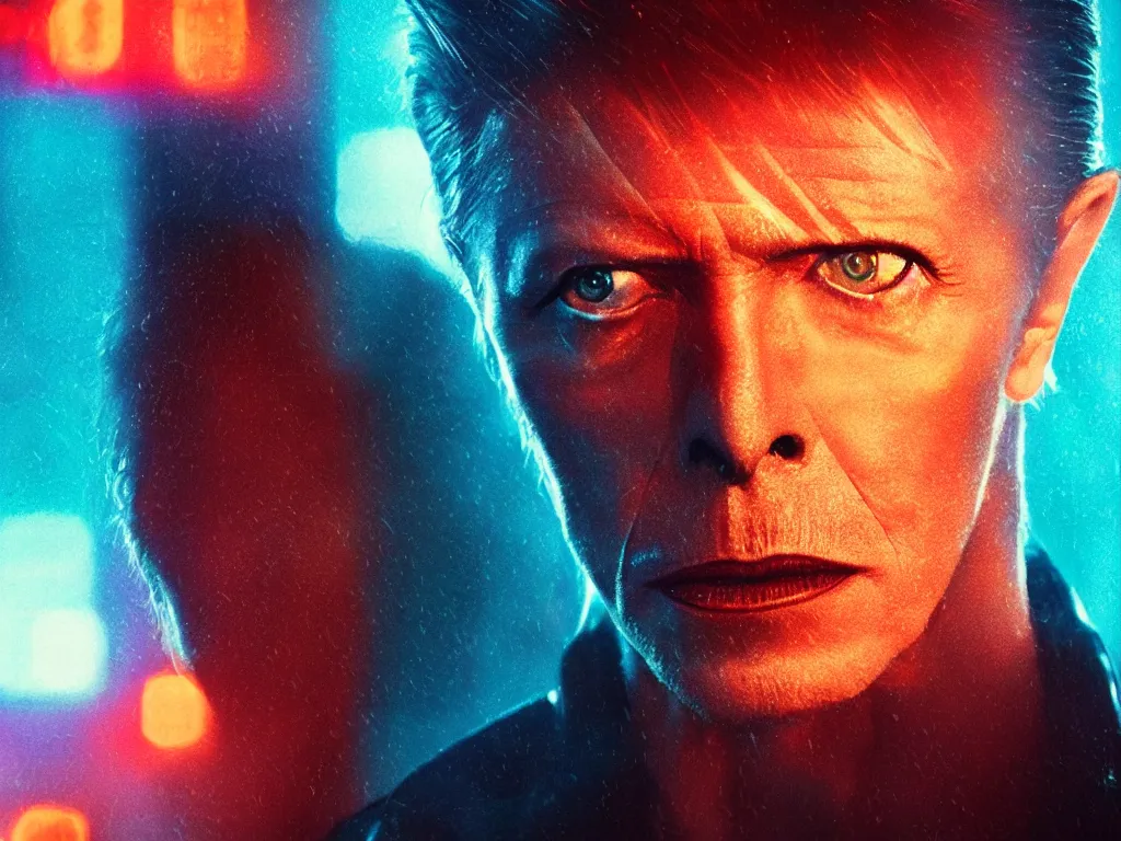 Image similar to David Bowie, close-up, film still from Blade Runner 2049, beautiful lighting, raining, neon lights, cinematic, depth, ultra-sharp details