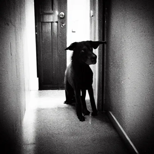 Prompt: “terrifying dog in dark hallway”