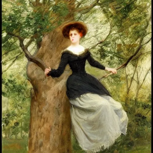 Prompt: young victorian lady climbing a tree, painted by alfred stevens