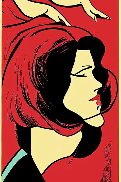 Image similar to Shepard Fairey Patrick Nagel poster of a Famous Actress posed in profile, she has beautiful bone structure and long hair. Eyes closed. highly detailed.