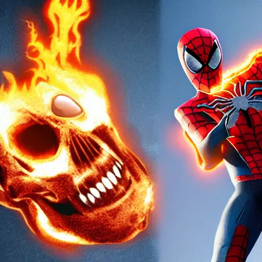 Prompt: spider - man as ghost rider, flaming skull, cgi style