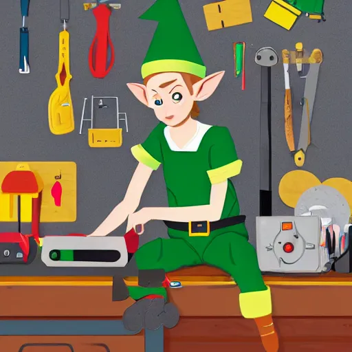 Image similar to An elf wearing overalls tinkering with a gadget in her workshop, digital art