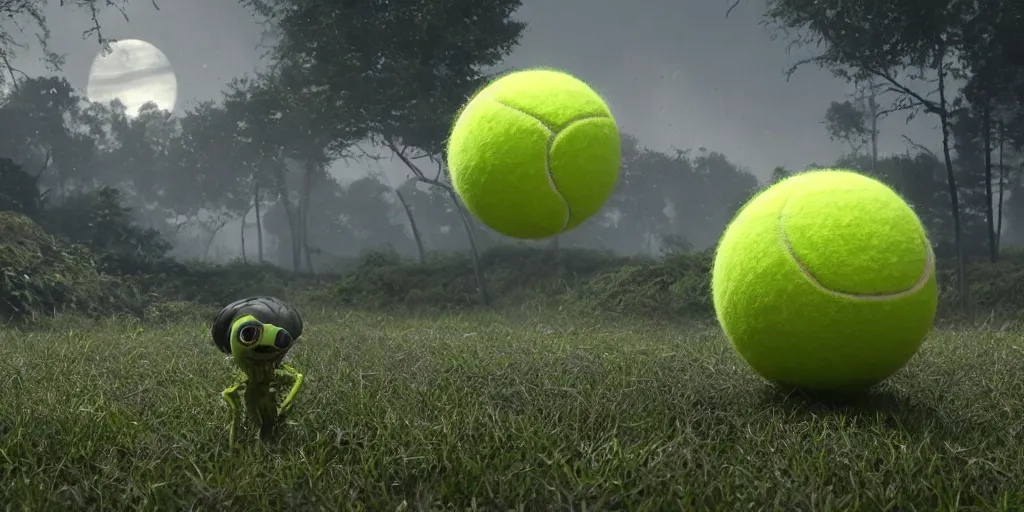 Image similar to a photo of 8 k ultra realistic tennis ball monster, tennis ball monsters, alien exotic, cinematic lighting, trending on artstation, 4 k, hyperrealistic, focused, high details, unreal engine 5, cinematic, alien planet atmosphere in background, 3 d render by basil gogos and beeple