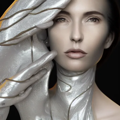 Image similar to a highly detailed digital image of a silver covered elegantly posed futuristic woman beautifully intertwined in golden liquid like leaves shot, full body shot, by Andrew Chiampo, artstation, and Frederik Heyman, extremely detailed woman, stunning volumetric lighting, hyper realism, fantasy 4k