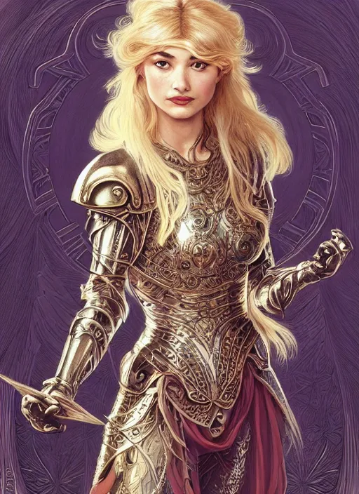 Image similar to centered portrait, Imogen Poots as a D&D paladin, blonde hair, intricate metal armour, Art Nouveau, beautiful retro Fantasy heroine 1985, intricate, elegant, highly detailed, centered, digital painting, trending on artstation, concept art, smooth, sharp focus, illustration, art by raphael lacoste, eddie mendoza, Mucha, alex ross, WLOP