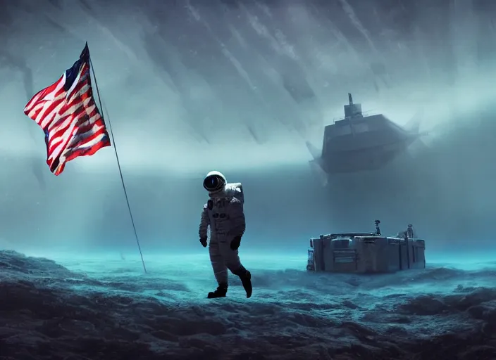 Image similar to astronaut holding a flag in an underwater desert. a submarine is visible in the distance. dark, concept art, cinematic, dramatic, atmospheric, 8 k, trending on artstation, blue, low visibility, fog, ocean floor, christopher nolan, interstellar