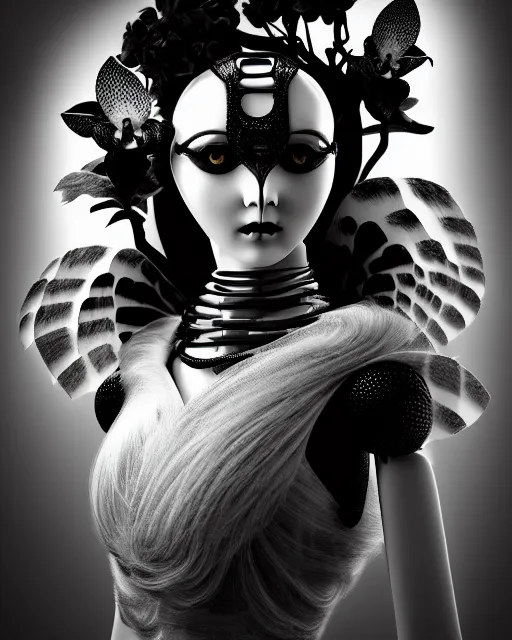 Image similar to surreal mythical dreamy dark artistic black and white fine art 3 / 4 fashion portrait photo of a young beautiful delicate female robot - owl with orchid - doll face, rim light, cinematic, studio dramatic light, poetic, masterpiece, octane render, 8 k, photo - realistic by gustave dore hg giger