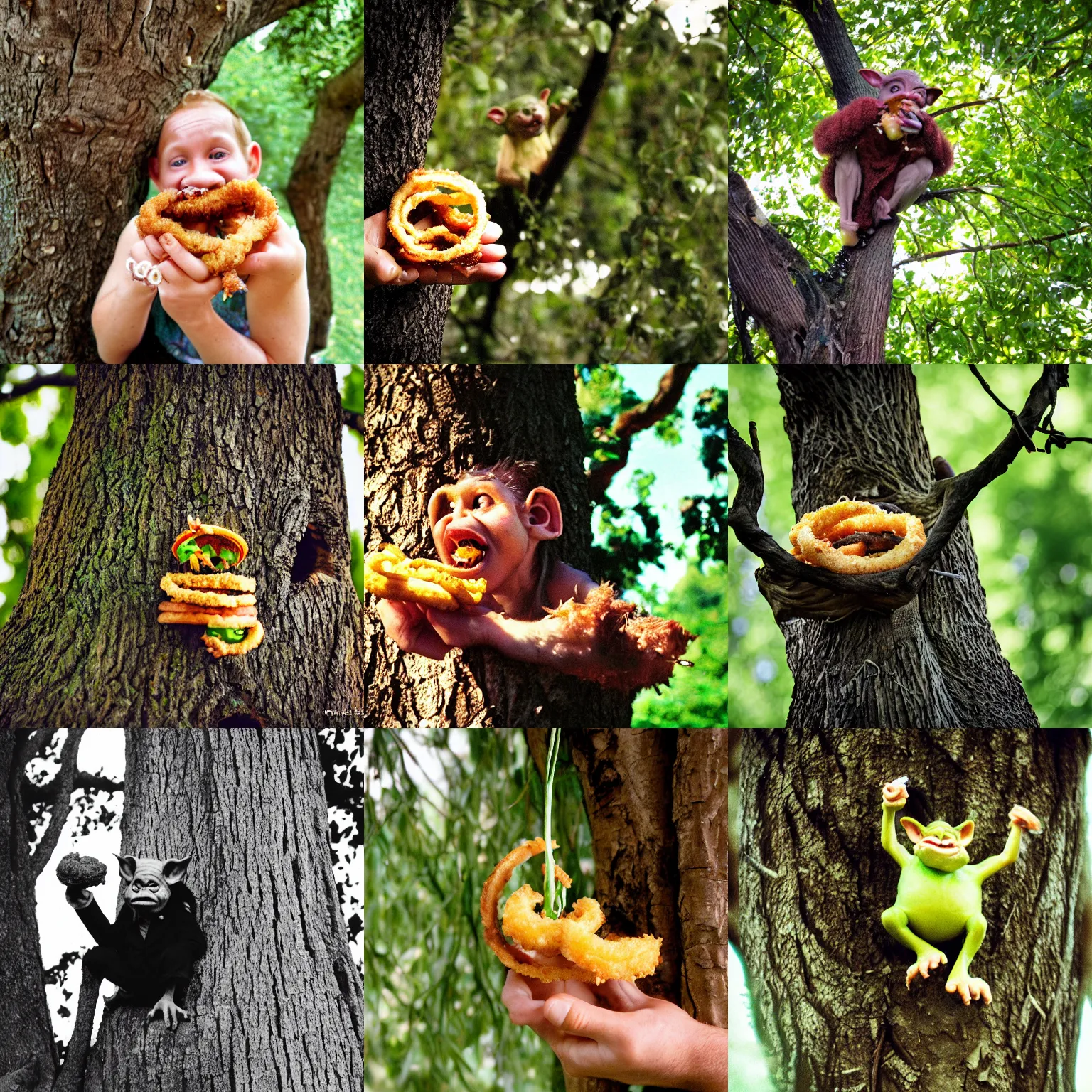 Prompt: a goblin eating onion rings in a tree, 3 5 mm photograph