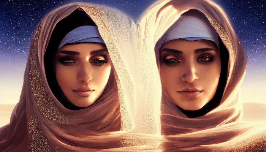 Image similar to Portrait of very very very very very very beautiful Arab woman wearing a Niqab, glowing magical eyes, energy trails, under giant full moon in the desert, intricate, elegant, highly detailed, digital painting, artstation, concept art, smooth, sharp focus, illustration, art by artgerm and greg rutkowski and alphonse mucha