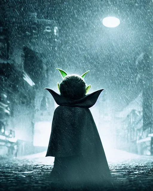 Image similar to epic closeup cinematic still of baby yoda as batman wearing batman costume with batcape as batman in atmospheric rainy alleyway in the style of batman the dark knight rises, 8 k backlit, rim lighting, dramatic moonlight lighting, beautiful composition