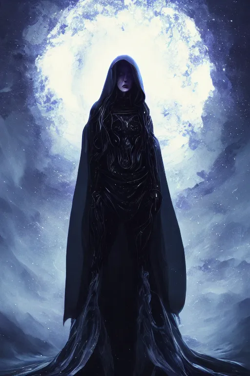 Image similar to a full body portrait of a mysterious goddess with a very long hooded cloak made of stars and clouds, by maciej kuciara and jason chan, ominous, cosmic horror, trending on artstation, ultra detailed, hyper realistic 4 k, volumetric light