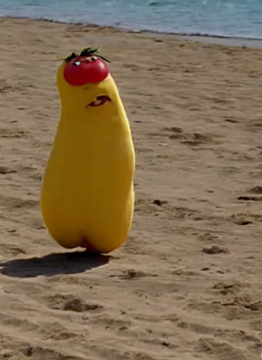 Image similar to jeff goldblum as a banana tomato on the sand of a beach