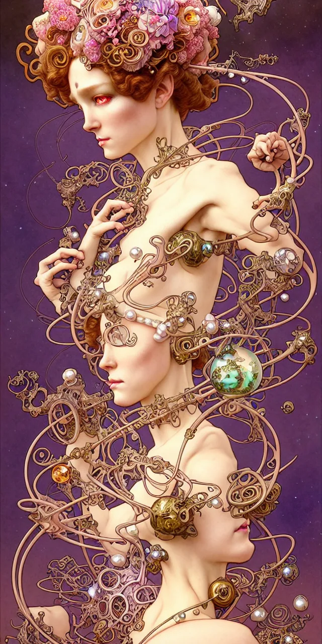 Image similar to beautiful princess art nouveau fantasy character portrait, ultra realistic, intricate details, the fifth element artifacts, highly detailed by peter mohrbacher, hajime sorayama, wayne barlowe, boris vallejo, aaron horkey, gaston bussiere, craig mullins alphonse mucha, art nouveau curves and spirals, flowers pearls jewels goldchains scattered