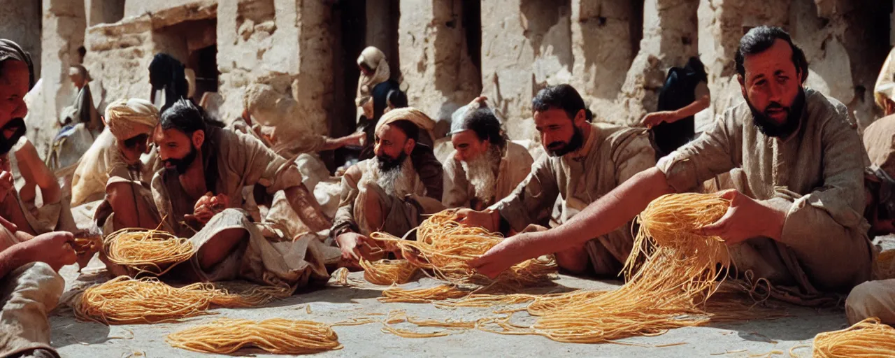 Image similar to ancient babylonians trading spaghetti with merchants, canon 5 0 mm, wes anderson film, kodachrome