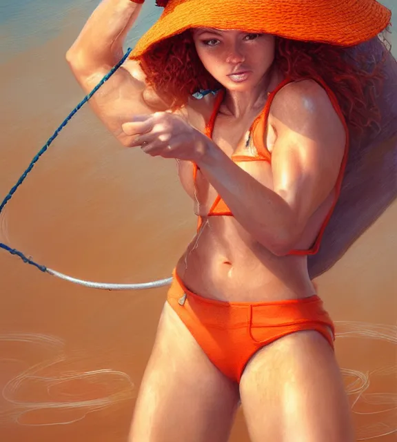 Prompt: muscular female fisherman fixing net, perfect face, bucket hat, orange halter top, ginger hair, abs, cinematic, blush, stunning, athletic, strong, agile, highly detailed, psychedelic, digital painting, artstation, smooth, hard focus, illustration, art by jessica rossier and and brian froud
