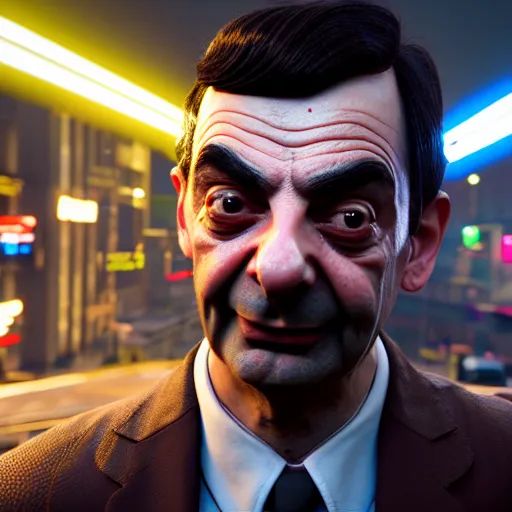 Image similar to mr. bean in cyberpunk 2 0 7 7, highly detailed, extremely high quality, hd, 4 k, 8 k, canon 3 0 0 mm, professional photographer, 4 0 mp, lifelike, top - rated, award winning, realistic, detailed lighting, detailed shadows, sharp, no blur, edited, corrected, trending