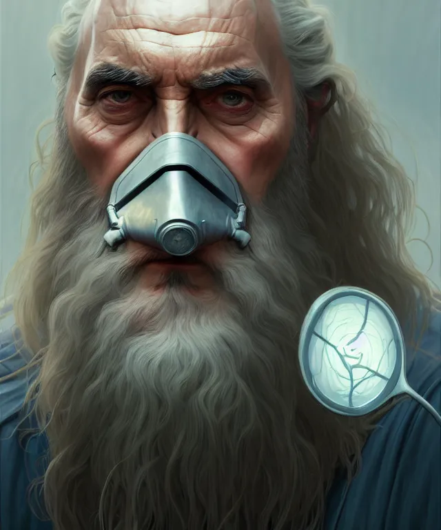 Prompt: portrait saruman, wearing a reusable full face respirator, caricature, headshot, highly detailed, digital painting, artstation, concept art, sharp focus, cinematic lighting, illustration, art by met mangindaan, artgerm and greg rutkowski, alphonse mucha, cgsociety