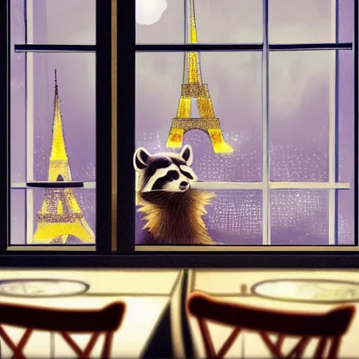 Prompt: a doctor raccoon in a restaurant looking out the window at the Eiffel tower, digital art, trending on artstation, HDR