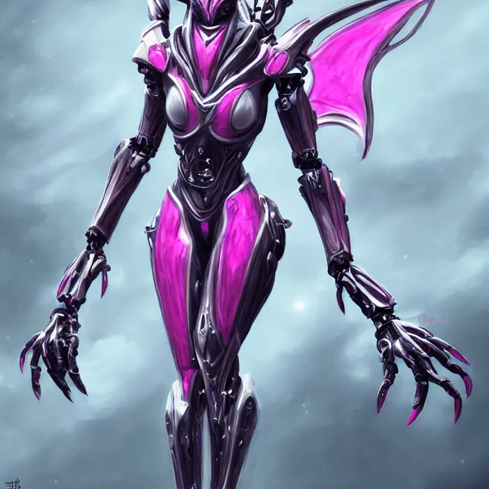 Image similar to highly detailed exquisite fanart, of a beautiful female warframe, but as an anthropomorphic robot dragon, shiny white silver armor engraved, Fuchsia skin beneath the armor, sharp claws, long tail, robot dragon hands and feet, elegant pose, close-up shot, full body shot, epic cinematic shot, professional digital art, high end digital art, singular, realistic, DeviantArt, artstation, Furaffinity, 8k HD render