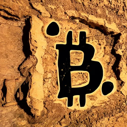 Image similar to ancient cave coal painting of bitcoin logo and few animals