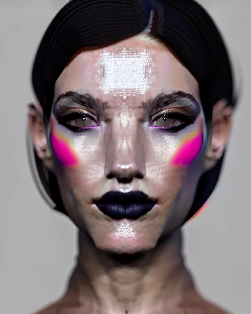 Image similar to beautiful female, attractive facial features, haze, model, intricate, symmetrical face, makeup, sephora, maybelline, studio, reflections, cinematic, filmic, vsco, concept art, artstation, elegant, model, gorgeous, vray, flim, octane render, ambient occlusion, prism details