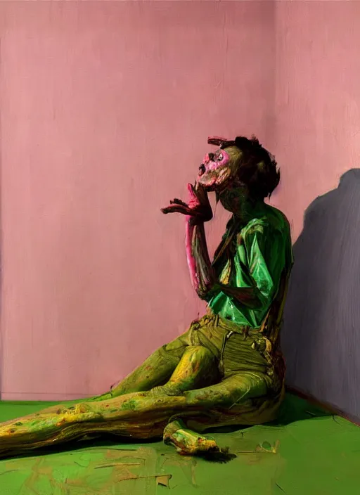 Prompt: an insane, skinny, artist wearing torn overalls, expressive emotions, inside a grand messy studio, depth of field, hauntingly surreal, highly detailed oil painting, by francis bacon, edward hopper, adrian ghenie, glenn brown, soft light 4 k in pink, green and blue colour palette, cinematic composition, cinematic lighting, high quality octane render, masterpiece