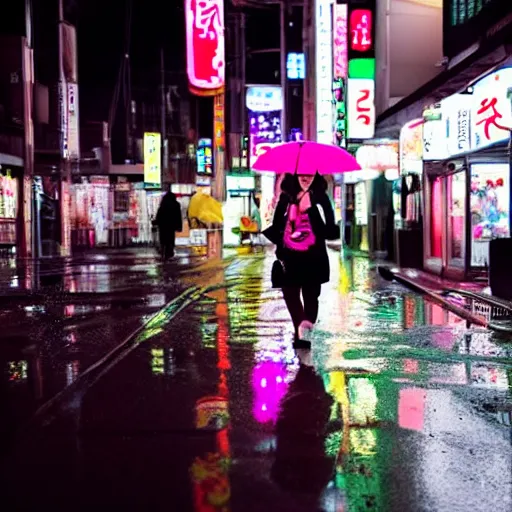 Image similar to japanese girl walking in neon japan at night under heavy rain alongside hundred of white rabbits