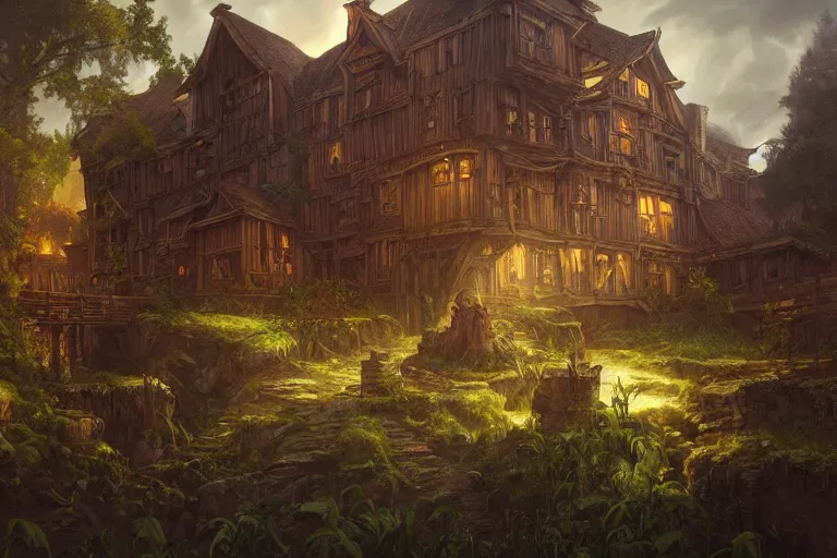 Image similar to a hyperrealistic render of an old mill, outdoor, art by Artgerm and Greg Rutkowski and Alphonse Mucha, hearthstone art style, epic fantasty card game art, Beautiful dynamic dramatic moody lighting, shadows, cinematic, Octane, 8K