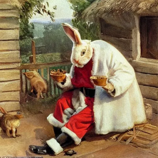 Image similar to a rabbit dressed as santa is eating porridge outside a cottage, in the style of anders zorn