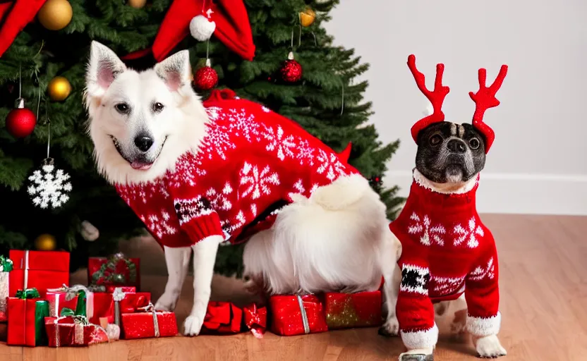 Image similar to studio photography of a dog wearing a woolen christmas sweater in front of a christmas tree, detailed face, cinematic lighting, 8 k