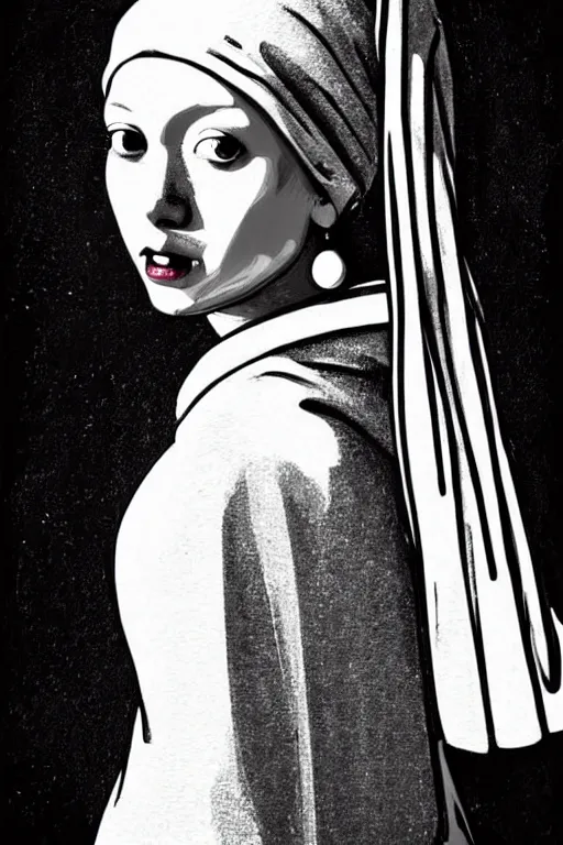 Image similar to beautiful portrait of a woman, negative no not the girl with a pearl earring, highly detailed ink illustration of a narrow neon lit tokyo alley, b & w clean shaped illustration by kim jung gi, ric estrada, ron english and eiichiro oda