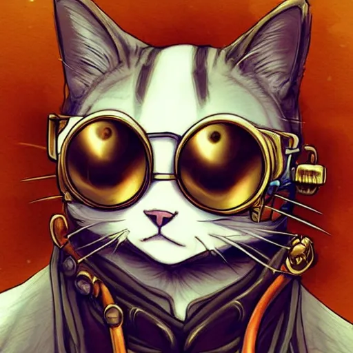 Image similar to a cat with steampunk googles, by ROSS tran, studio ghibli inspired