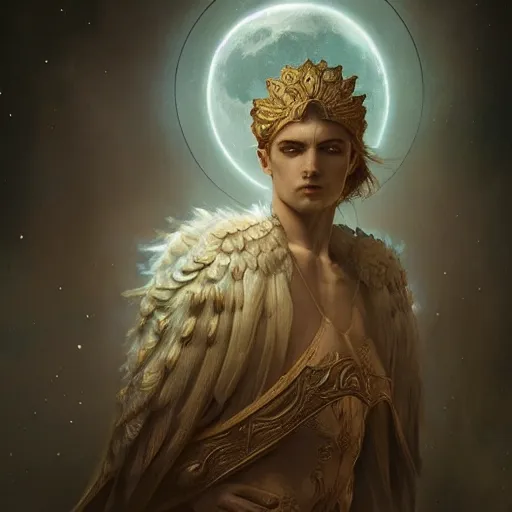 Image similar to A beautiful digital painting of a male Seraphim, king, the moon behind her, intricate, cinematic lighting, highly detailed, digital painting, Artstation, concept art, smooth, sharp focus, illustration, art by Tom Bagshaw, Artgerm and Greg Rutkowski